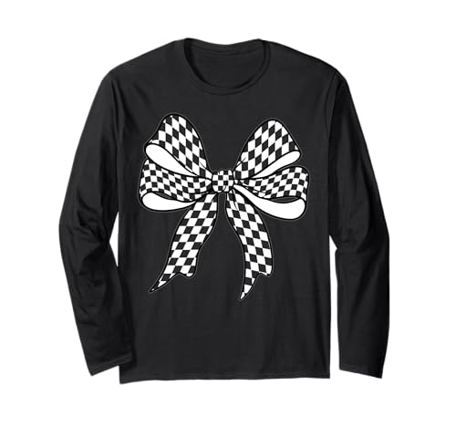 Kariertes Schachbrett Schwarz Weiß Muster Mädchen Kokette Schleife Langarmshirt von Womens Coquette Bow Checkerboard Pattern Gifts