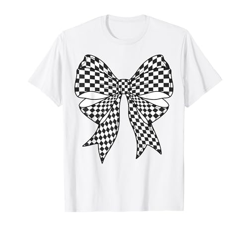 Kariertes Schachbrett Schwarz Weiß Muster Mädchen Kokette Schleife T-Shirt von Womens Coquette Bow Checkerboard Pattern Gifts