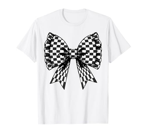 Kariertes Schachbrett Schwarz Weiß Muster Mädchen Kokette Schleife T-Shirt von Womens Coquette Bow Checkerboard Pattern Gifts