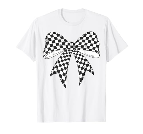 Kariertes Schachbrett Schwarz Weiß Muster Mädchen Kokette Schleife T-Shirt von Womens Coquette Bow Checkerboard Pattern Gifts