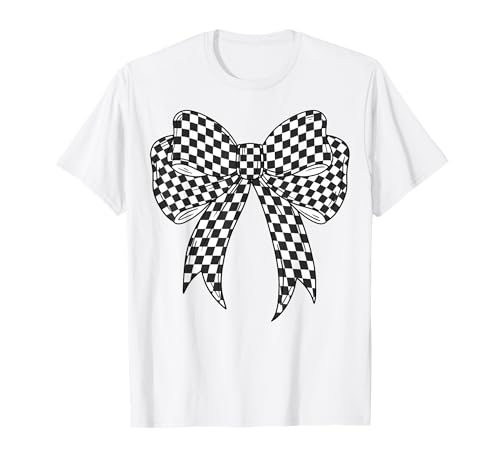 Kariertes Schachbrett Schwarz Weiß Muster Mädchen Kokette Schleife T-Shirt von Womens Coquette Bow Checkerboard Pattern Gifts