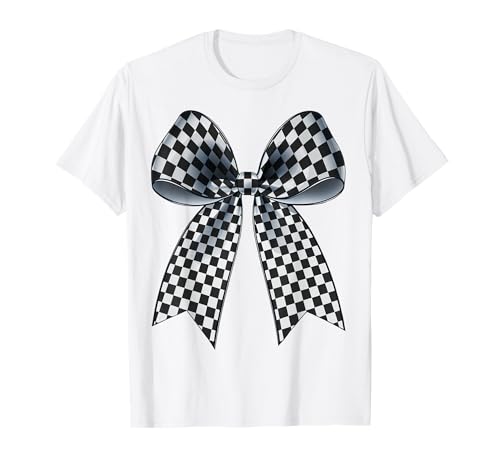 Kariertes Schachbrett Schwarz Weiß Muster Mädchen Kokette Schleife T-Shirt von Womens Coquette Bow Checkerboard Pattern Gifts