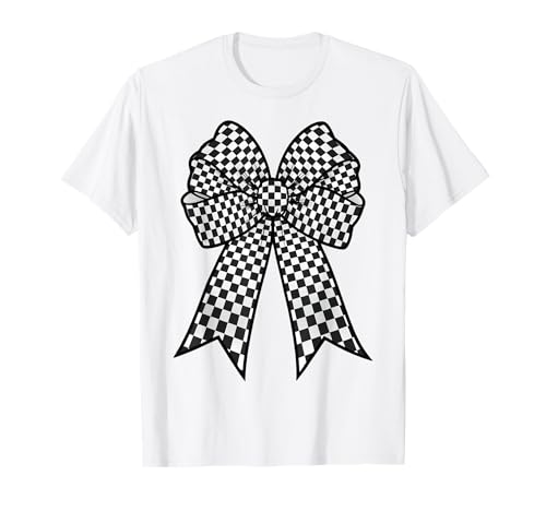 Kariertes Schachbrett Schwarz Weiß Muster Mädchen Kokette Schleife T-Shirt von Womens Coquette Bow Checkerboard Pattern Gifts