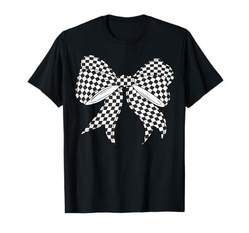 Kariertes Schachbrett Schwarz Weiß Muster Mädchen Kokette Schleife T-Shirt von Womens Coquette Bow Checkerboard Pattern Gifts