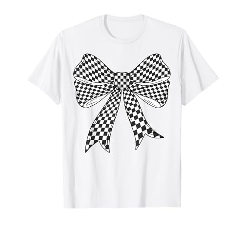 Kariertes Schachbrett Schwarz Weiß Muster Mädchen Kokette Schleife T-Shirt von Womens Coquette Bow Checkerboard Pattern Gifts