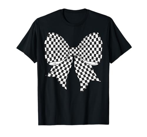 Kariertes Schachbrett Schwarz Weiß Muster Mädchen Kokette Schleife T-Shirt von Womens Coquette Bow Checkerboard Pattern Gifts