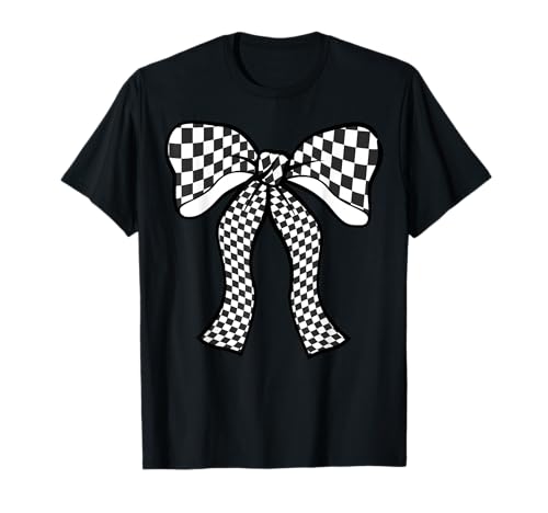 Kariertes Schachbrett Schwarz Weiß Muster Mädchen Kokette Schleife T-Shirt von Womens Coquette Bow Checkerboard Pattern Gifts