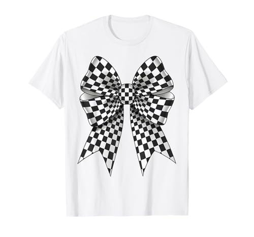 Kariertes Schachbrett Schwarz Weiß Muster Mädchen Kokette Schleife T-Shirt von Womens Coquette Bow Checkerboard Pattern Gifts