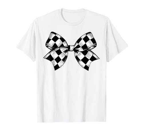 Kariertes Schachbrett Schwarz Weiß Muster Mädchen Kokette Schleife T-Shirt von Womens Coquette Bow Checkerboard Pattern Gifts