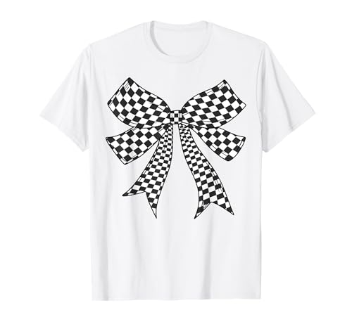 Kariertes Schachbrett Schwarz Weiß Muster Mädchen Kokette Schleife T-Shirt von Womens Coquette Bow Checkerboard Pattern Gifts