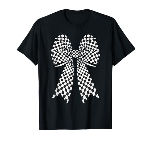 Kariertes Schachbrett Schwarz Weiß Muster Mädchen Kokette Schleife T-Shirt von Womens Coquette Bow Checkerboard Pattern Gifts