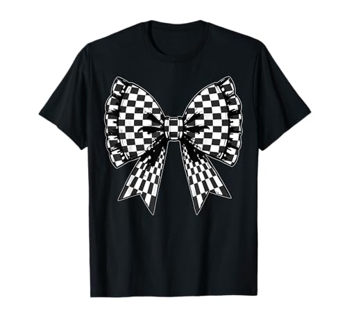 Kariertes Schachbrett Schwarz Weiß Muster Mädchen Kokette Schleife T-Shirt von Womens Coquette Bow Checkerboard Pattern Gifts