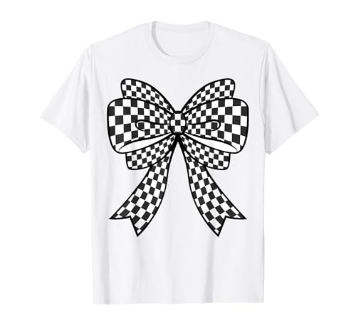 Kariertes Schachbrett Schwarz Weiß Muster Mädchen Kokette Schleife T-Shirt von Womens Coquette Bow Checkerboard Pattern Gifts