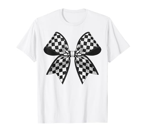 Kariertes Schachbrett Schwarz Weiß Muster Mädchen Kokette Schleife T-Shirt von Womens Coquette Bow Checkerboard Pattern Gifts