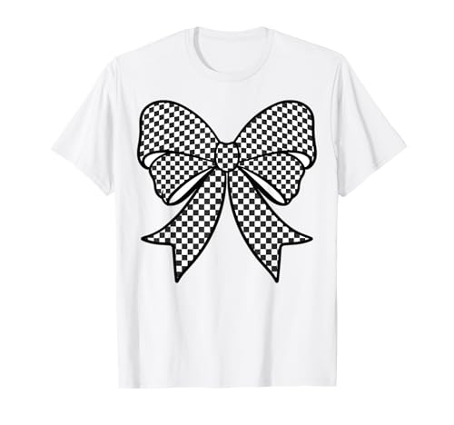 Kariertes Schachbrett Schwarz Weiß Muster Mädchen Kokette Schleife T-Shirt von Womens Coquette Bow Checkerboard Pattern Gifts