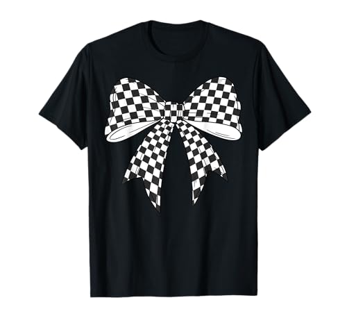 Kariertes Schachbrett Schwarz Weiß Muster Mädchen Kokette Schleife T-Shirt von Womens Coquette Bow Checkerboard Pattern Gifts