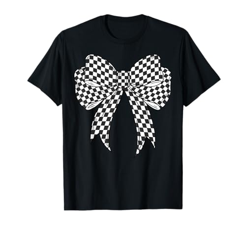 Kariertes Schachbrett Schwarz Weiß Muster Mädchen Kokette Schleife T-Shirt von Womens Coquette Bow Checkerboard Pattern Gifts