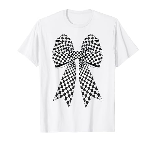Kariertes Schachbrett Schwarz Weiß Muster Mädchen Kokette Schleife T-Shirt von Womens Coquette Bow Checkerboard Pattern Gifts