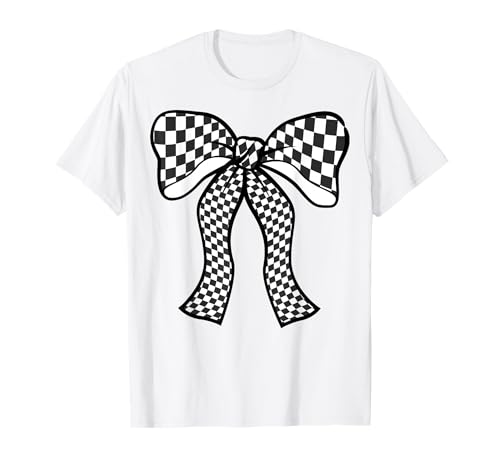 Kariertes Schachbrett Schwarz Weiß Muster Mädchen Kokette Schleife T-Shirt von Womens Coquette Bow Checkerboard Pattern Gifts