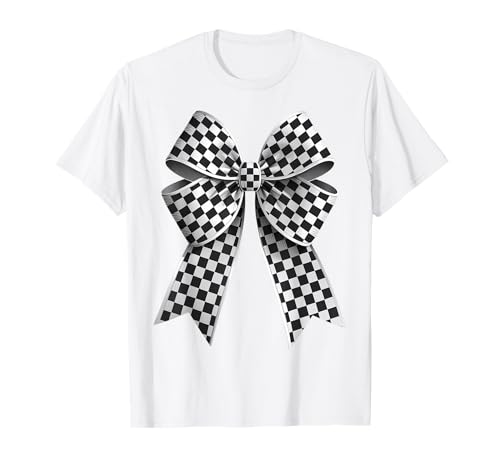 Kariertes Schachbrett Schwarz Weiß Muster Mädchen Kokette Schleife T-Shirt von Womens Coquette Bow Checkerboard Pattern Gifts