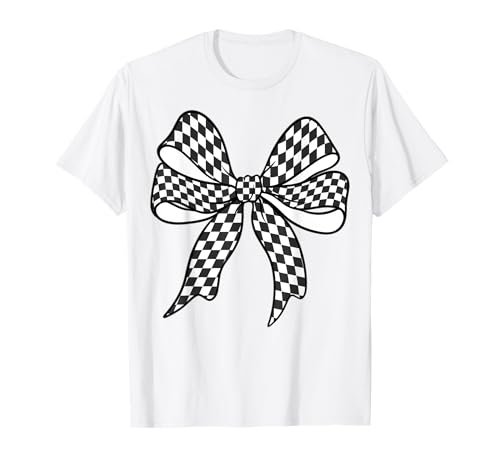 Kariertes Schachbrett Schwarz Weiß Muster Mädchen Kokette Schleife T-Shirt von Womens Coquette Bow Checkerboard Pattern Gifts
