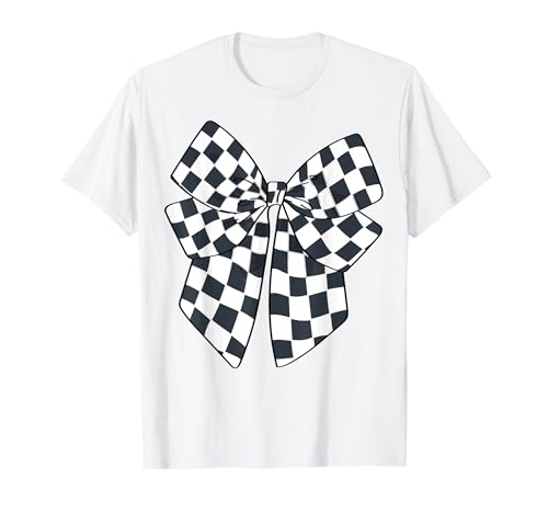 Kariertes Schachbrett Schwarz Weiß Muster Mädchen Kokette Schleife T-Shirt von Womens Coquette Bow Checkerboard Pattern Gifts