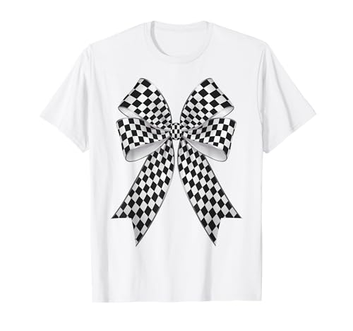 Kariertes Schachbrett Schwarz Weiß Muster Mädchen Kokette Schleife T-Shirt von Womens Coquette Bow Checkerboard Pattern Gifts
