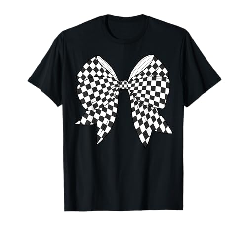 Kariertes Schachbrett Schwarz Weiß Muster Mädchen Kokette Schleife T-Shirt von Womens Coquette Bow Checkerboard Pattern Gifts