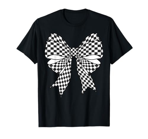 Kariertes Schachbrett Schwarz Weiß Muster Mädchen Kokette Schleife T-Shirt von Womens Coquette Bow Checkerboard Pattern Gifts