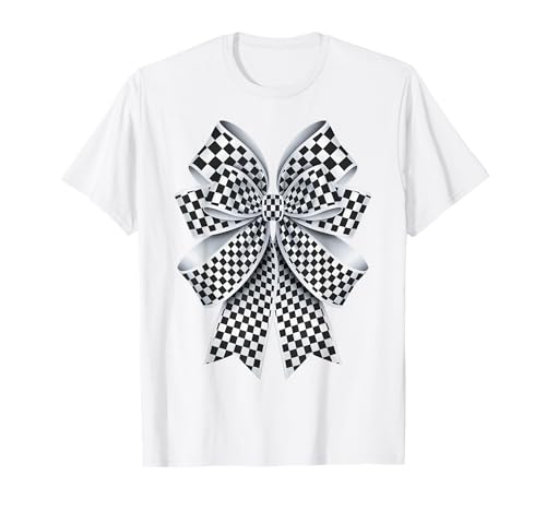 Kariertes Schachbrett Schwarz Weiß Muster Mädchen Kokette Schleife T-Shirt von Womens Coquette Bow Checkerboard Pattern Gifts