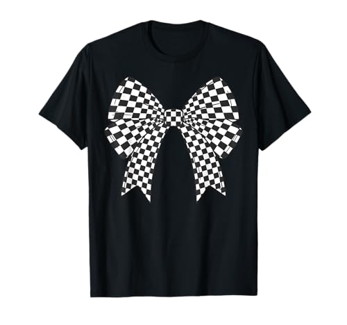 Kariertes Schachbrett Schwarz Weiß Muster Mädchen Kokette Schleife T-Shirt von Womens Coquette Bow Checkerboard Pattern Gifts