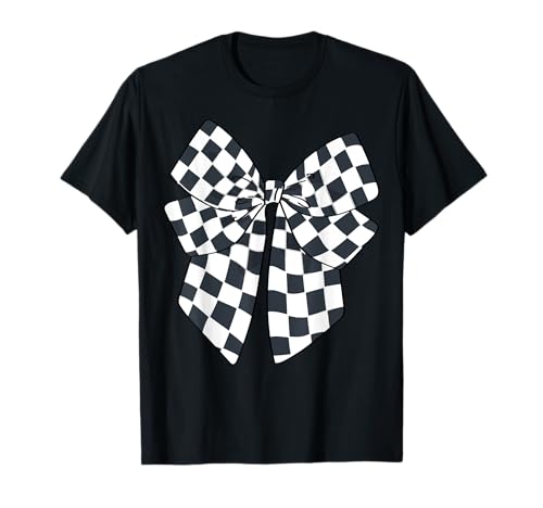 Kariertes Schachbrett Schwarz Weiß Muster Mädchen Kokette Schleife T-Shirt von Womens Coquette Bow Checkerboard Pattern Gifts