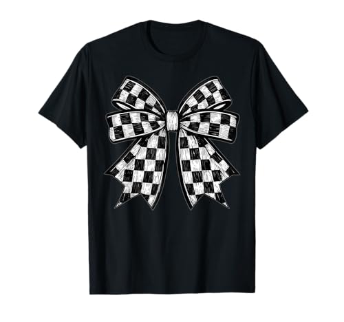 Kariertes Schachbrett Schwarz Weiß Muster Mädchen Kokette Schleife T-Shirt von Womens Coquette Bow Checkerboard Pattern Gifts