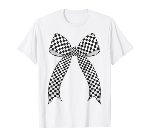 Kariertes Schachbrett Schwarz Weiß Muster Mädchen Kokette Schleife T-Shirt von Womens Coquette Bow Checkerboard Pattern Gifts