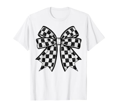 Kariertes Schachbrett Schwarz Weiß Muster Mädchen Kokette Schleife T-Shirt von Womens Coquette Bow Checkerboard Pattern Gifts