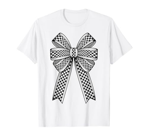Kariertes Schachbrett Schwarz Weiß Muster Mädchen Kokette Schleife T-Shirt von Womens Coquette Bow Checkerboard Pattern Gifts