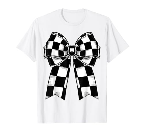 Kariertes Schachbrett Schwarz Weiß Muster Mädchen Kokette Schleife T-Shirt von Womens Coquette Bow Checkerboard Pattern Gifts