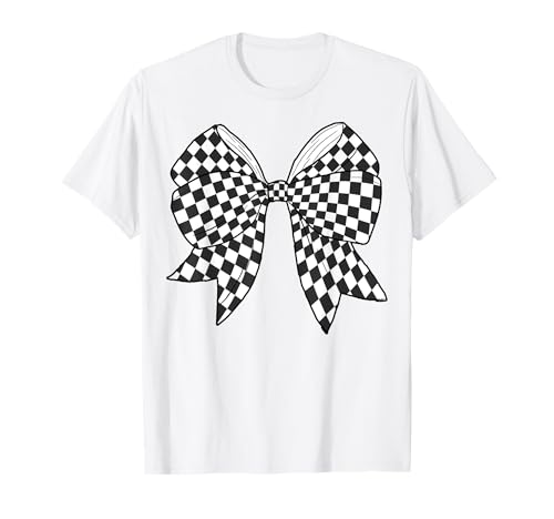 Kariertes Schachbrett Schwarz Weiß Muster Mädchen Kokette Schleife T-Shirt von Womens Coquette Bow Checkerboard Pattern Gifts