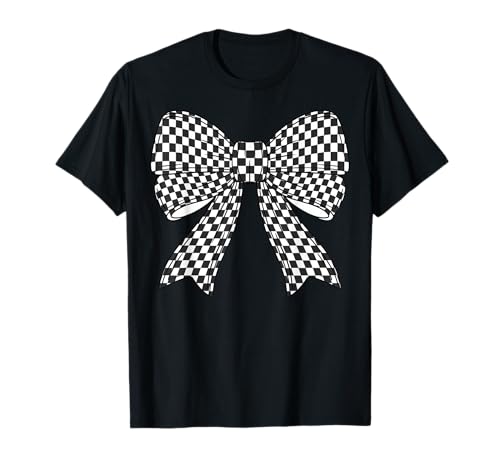 Kariertes Schachbrett Schwarz Weiß Muster Mädchen Kokette Schleife T-Shirt von Womens Coquette Bow Checkerboard Pattern Gifts
