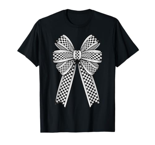 Kariertes Schachbrett Schwarz Weiß Muster Mädchen Kokette Schleife T-Shirt von Womens Coquette Bow Checkerboard Pattern Gifts