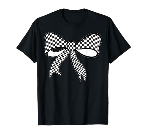 Kariertes Schachbrett Schwarz Weiß Muster Mädchen Kokette Schleife T-Shirt von Womens Coquette Bow Checkerboard Pattern Gifts