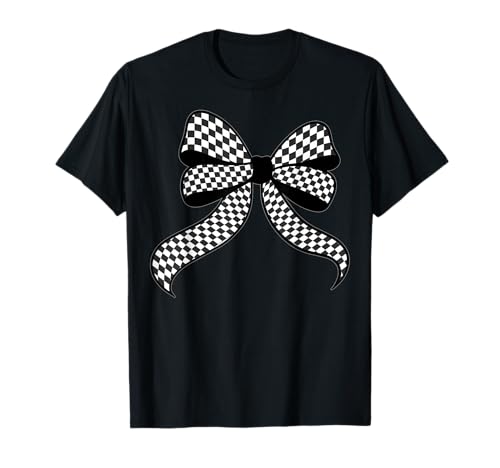 Kariertes Schachbrett Schwarz Weiß Muster Mädchen Kokette Schleife T-Shirt von Womens Coquette Bow Checkerboard Pattern Gifts
