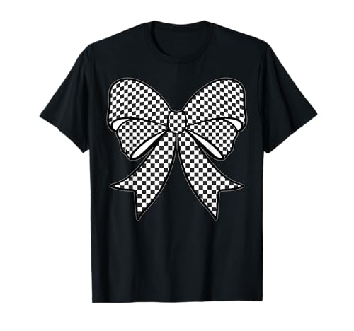 Kariertes Schachbrett Schwarz Weiß Muster Mädchen Kokette Schleife T-Shirt von Womens Coquette Bow Checkerboard Pattern Gifts