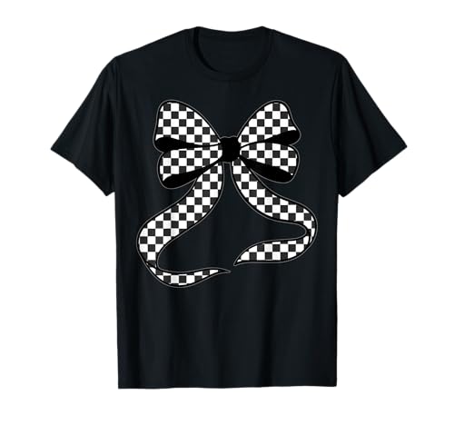 Kariertes Schachbrett Schwarz Weiß Muster Mädchen Kokette Schleife T-Shirt von Womens Coquette Bow Checkerboard Pattern Gifts