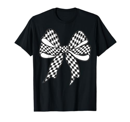 Kariertes Schachbrett Schwarz Weiß Muster Mädchen Kokette Schleife T-Shirt von Womens Coquette Bow Checkerboard Pattern Gifts