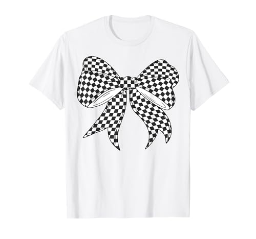 Kariertes Schachbrett Schwarz Weiß Muster Mädchen Kokette Schleife T-Shirt von Womens Coquette Bow Checkerboard Pattern Gifts