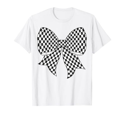 Kariertes Schachbrett Schwarz Weiß Muster Mädchen Kokette Schleife T-Shirt von Womens Coquette Bow Checkerboard Pattern Gifts