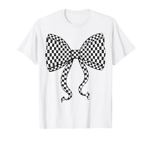 Kariertes Schachbrett Schwarz Weiß Muster Mädchen Kokette Schleife T-Shirt von Womens Coquette Bow Checkerboard Pattern Gifts