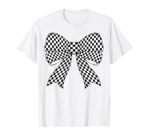 Kariertes Schachbrett Schwarz Weiß Muster Mädchen Kokette Schleife T-Shirt von Womens Coquette Bow Checkerboard Pattern Gifts