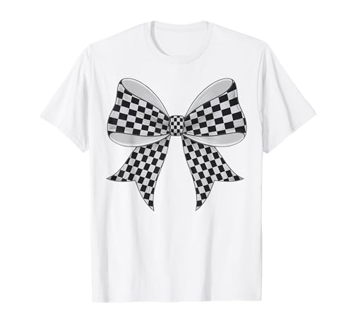 Kariertes Schachbrett Schwarz Weiß Muster Mädchen Kokette Schleife T-Shirt von Womens Coquette Bow Checkerboard Pattern Gifts